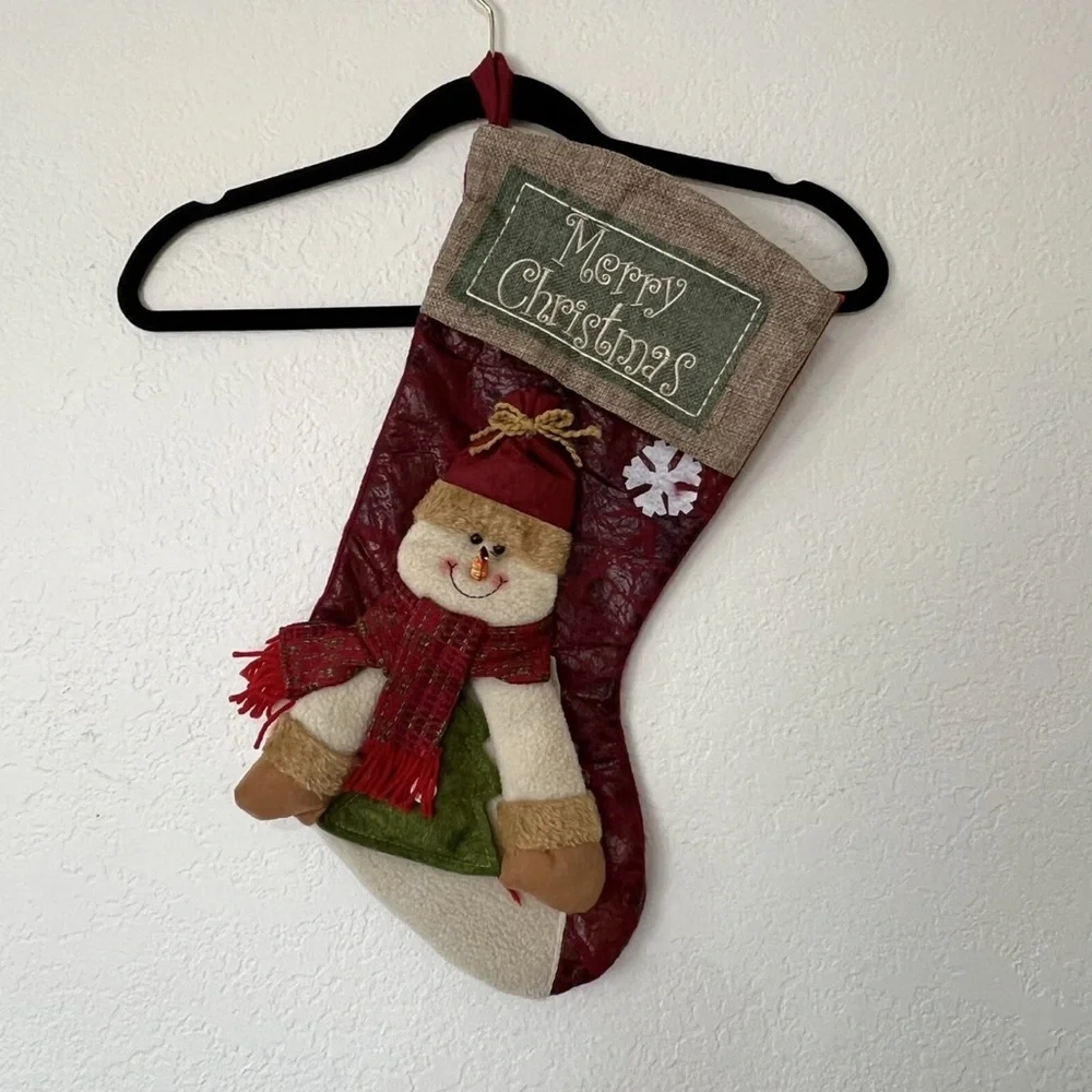 NEW Quality Detailed Fleece Snowman Merry Christmas With Scarf Stocking 17 x 9.5